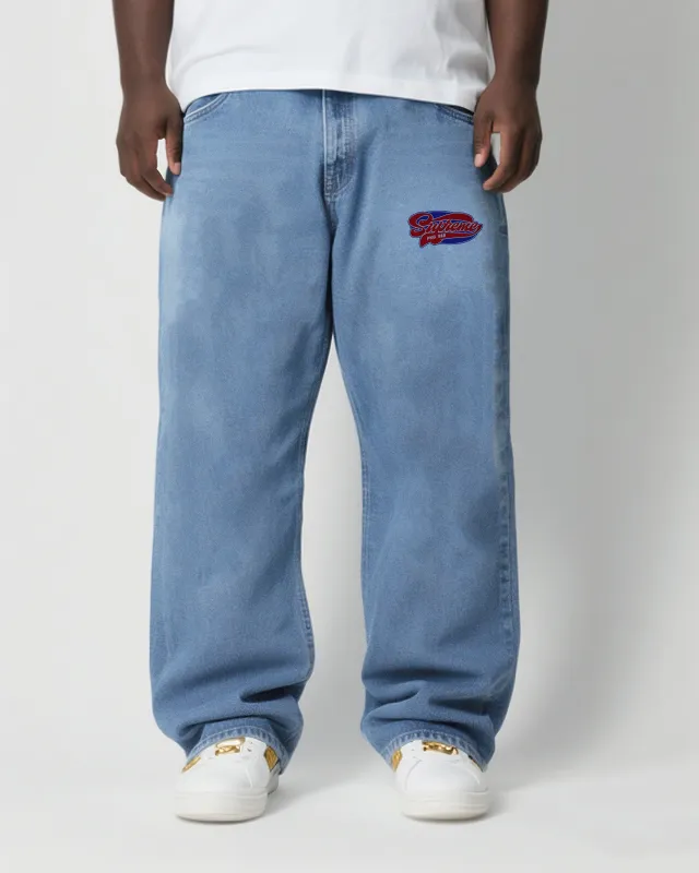 Big & Tall Men's Fashion Street Personality Graffiti Micro Label. Wash Water Denim Trousers sold by Biggmans