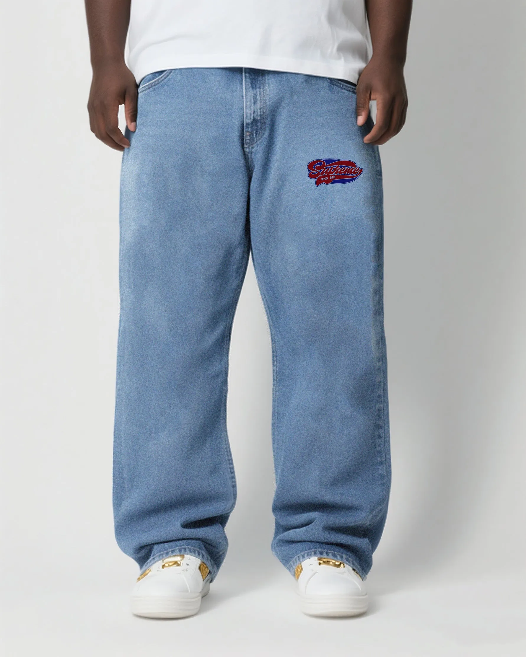 Big & Tall Men's Fashion Street Personality Graffiti Micro Label. Wash Water Denim Trousers sold by Biggmans