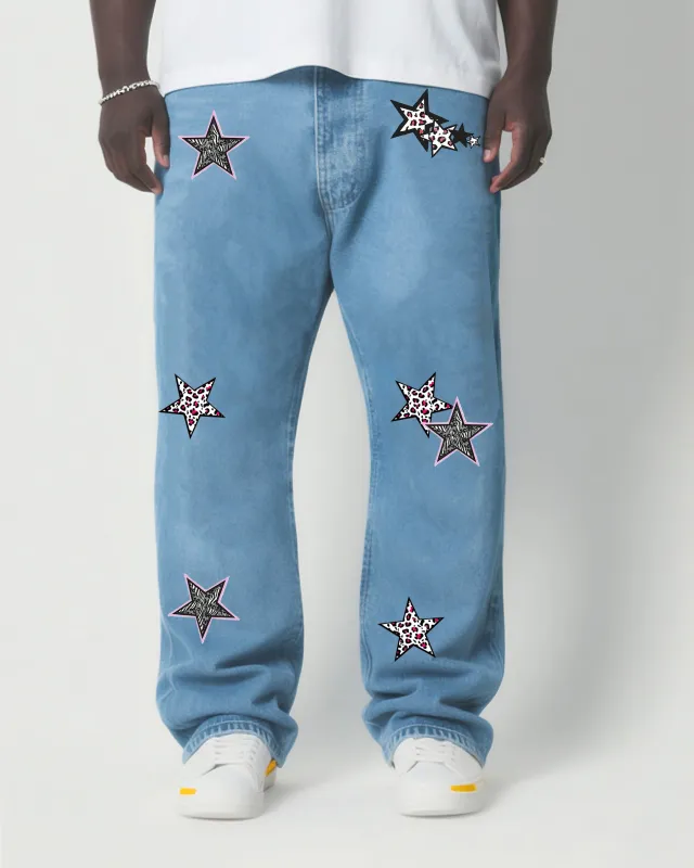 Big & Tall Men's Fashion Street Stars Creative Design Wash Water Denim Trousers sold by Biggmans