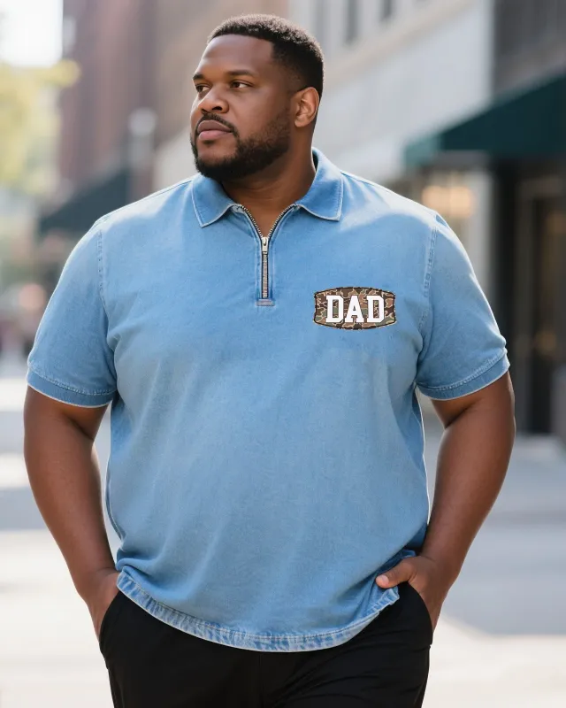 Big Men's Father's Day Washed Denim Short Sleeve Zipper Polo Shirt sold by Biggmans