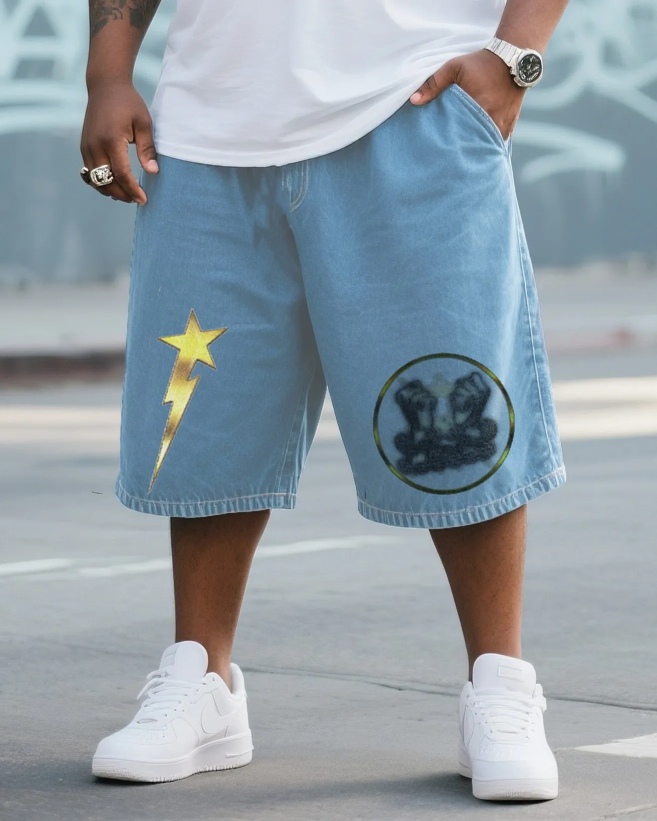 Big & Tall Men's Street Fashion Original Design Hot Stamping Washing Water Denim Shorts sold by Biggmans