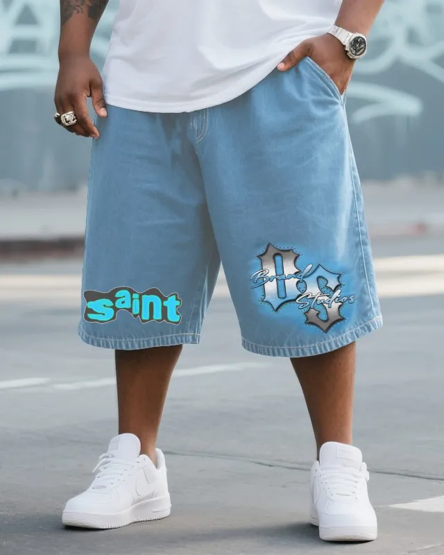 Big & Tall Men's Street Fashion Original Design Saint Letter Hot Stamping Washing Water Denim Shorts sold by Biggmans