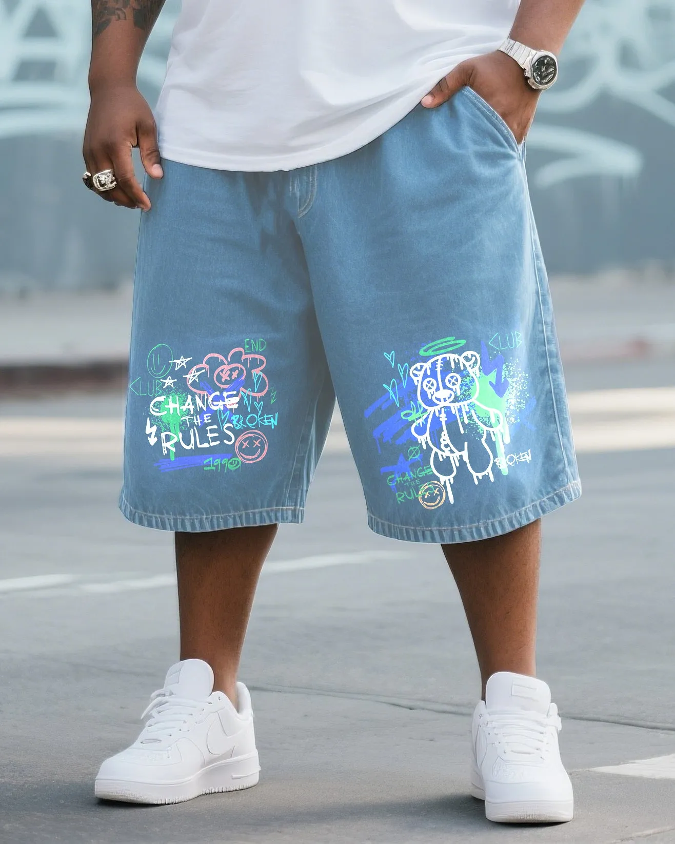 Big & Tall Men's Street Fashion Original Design Graffiti Hot Stamping Denim Shorts sold by Biggmans