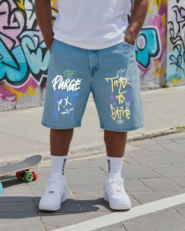 Big & Tall Men's Street Fashion Creative Graffiti Denim Shorts sold by Biggmans