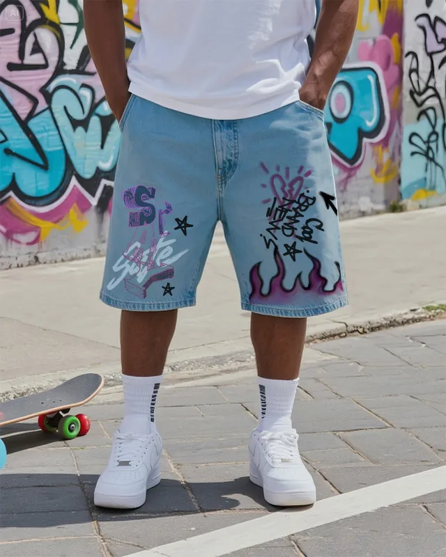 Big & Tall Men's Street Fashion Original Satisfied Graffiti Denim Shorts sold by Biggmans