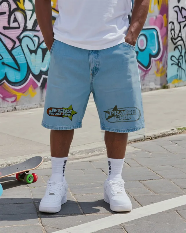Big & Tall Men's Street Fashion Creative Praise God Jesus Is Alive Graffiti Denim Shorts sold by Biggmans