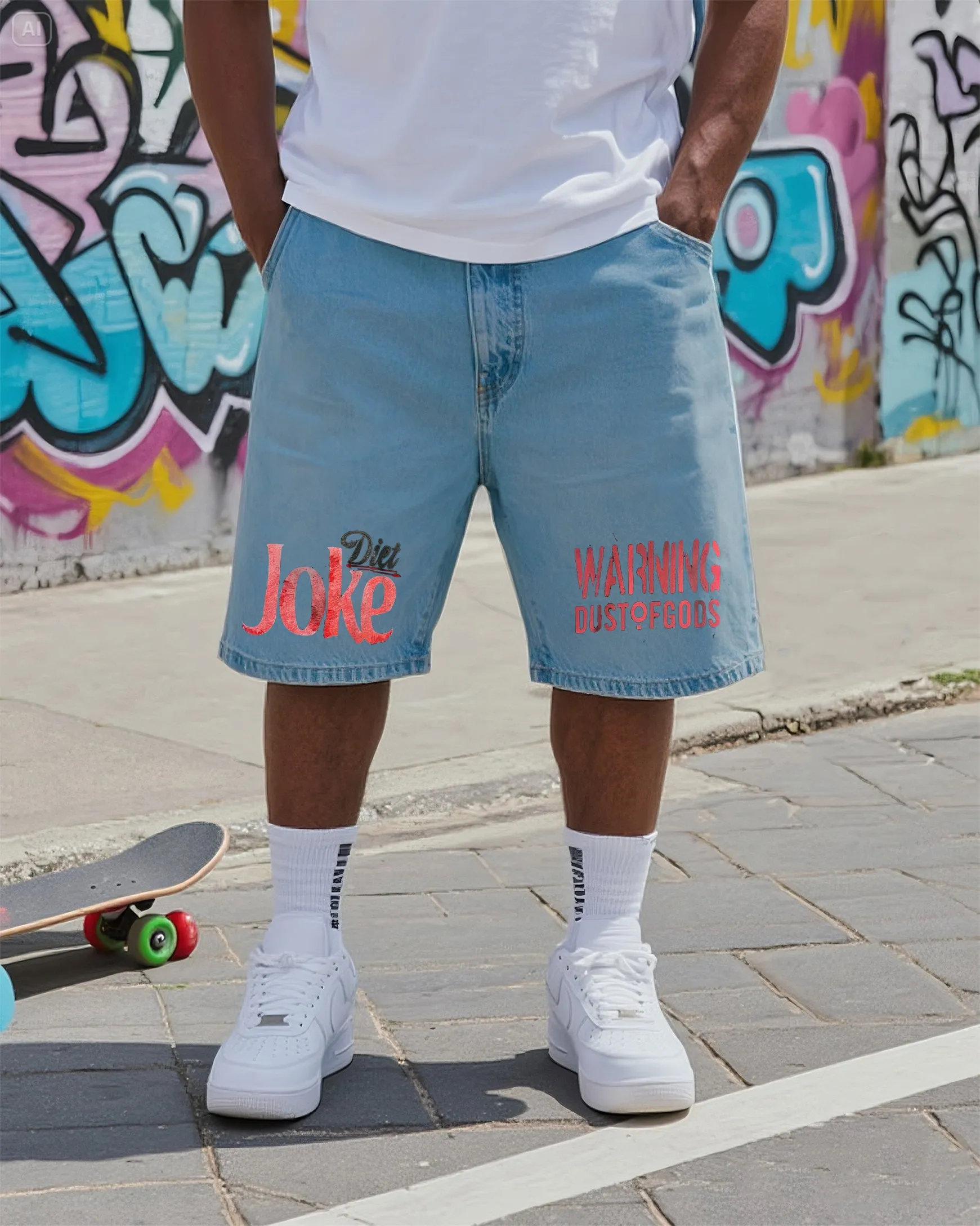 Big & Tall Men's Street Fashion Creative JOKE DIET WARNING DUSTQFGODS Graffiti Denim Shorts sold by Biggmans