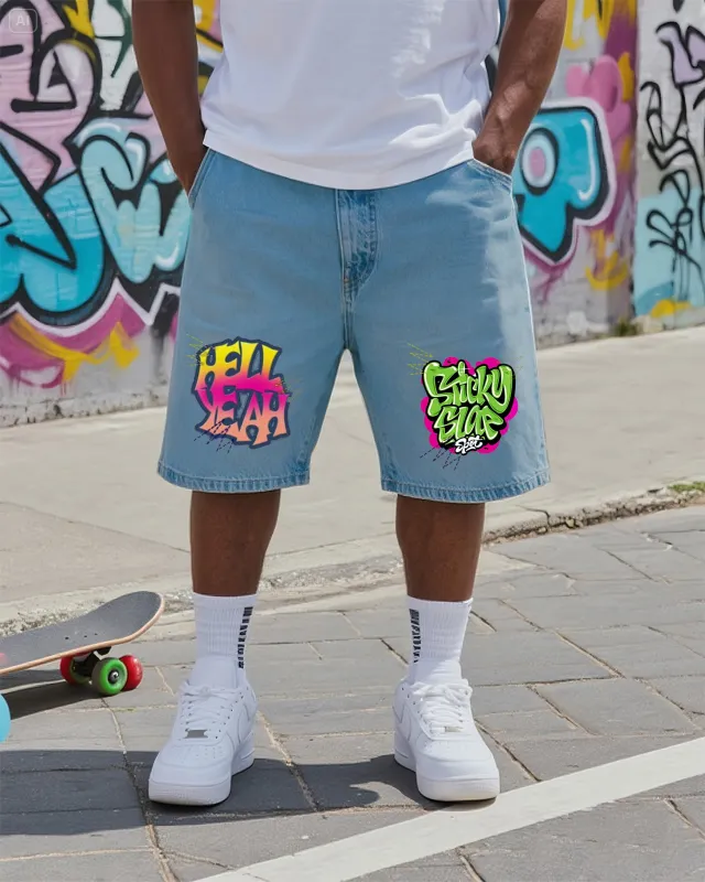 Big & Tall Men's Street Fashion Creative HELL YEAH STICKY SIAE Graffiti Denim Shorts sold by Biggmans