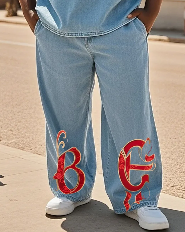 Big & Tall Men's Street Fashion Trend Personality Brand Original Letter Design Denim Trousers sold by Biggmans