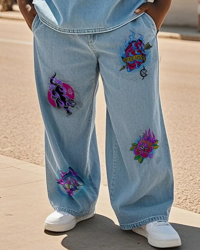 Big & Tall Men's Street Fashion Personality Hot Stamping Denim Pants sold by Biggmans