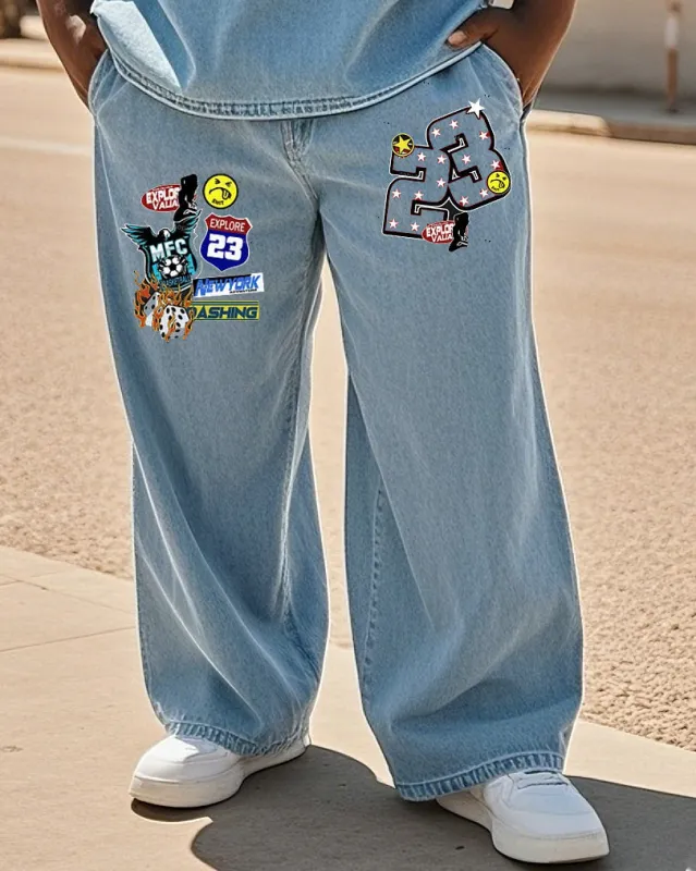 Big & Tall Men's Street Fashion Trend Personality Hot Stamping Denim Pants sold by Biggmans