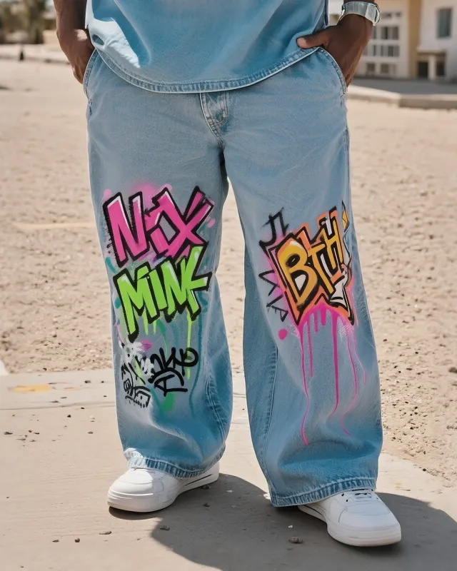 Big & Tall Men's Street Fashion Personalized Graffiti Denim Trousers sold by Biggmans