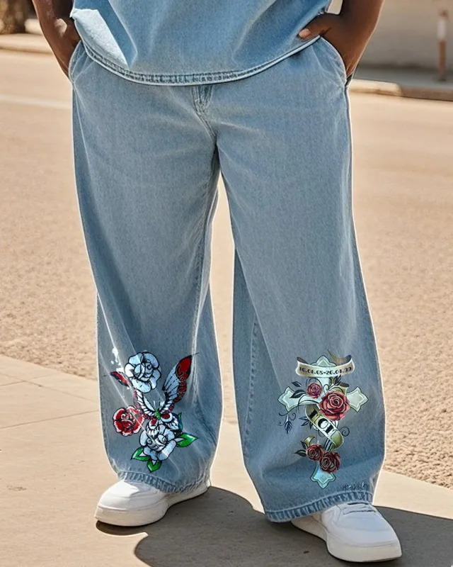Big & Tall Men's Street Fashion Trend Personality Faith God Flower Denim Pants sold by Biggmans