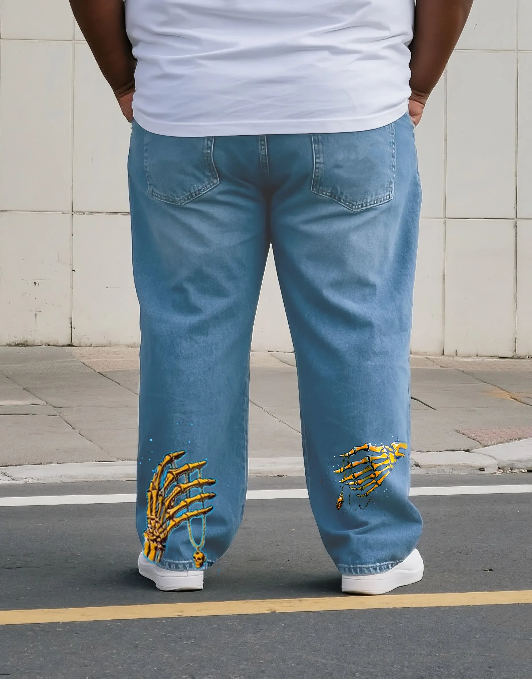 Big & Tall Men's Street Fashion Trend Personality Gold Skull Horror Print Denim Pants. Solid Front sold by Biggmans