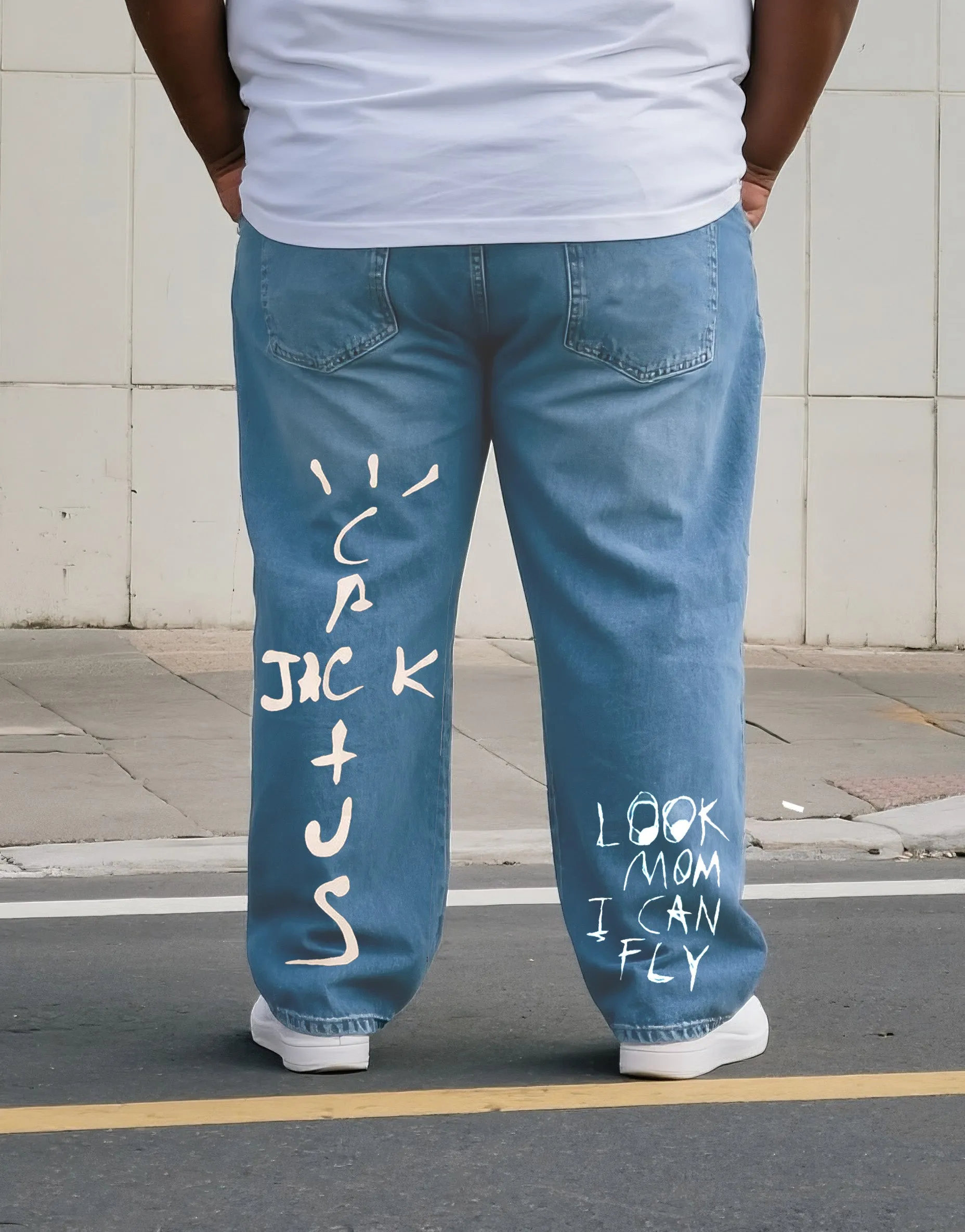 Big & Tall Men's Street Fashion Trend Personality Belief Small Graffiti Letter Printed Denim Trousers. Solid Front sold by Biggmans