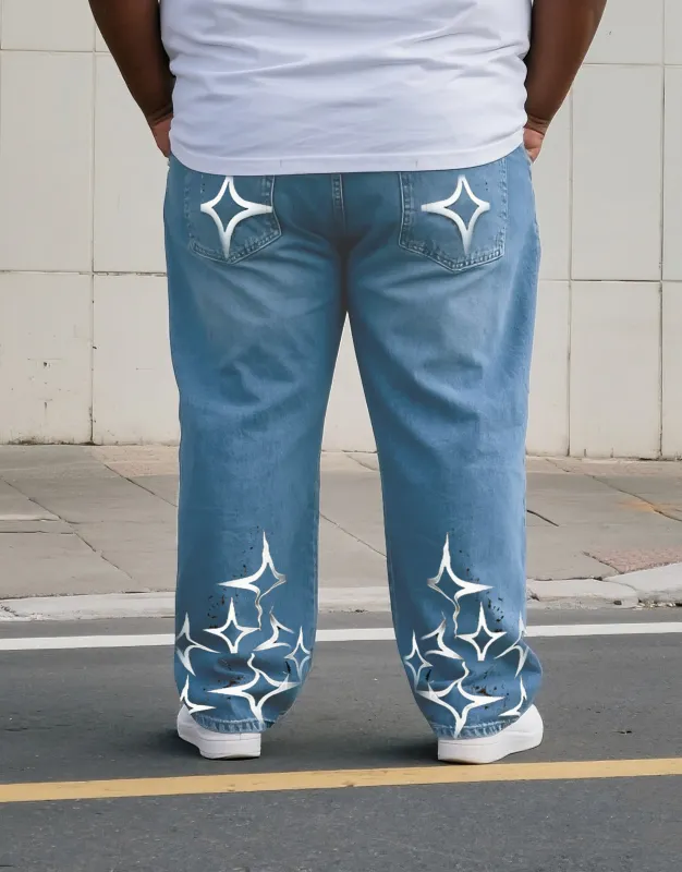 Big & Tall Men's Street Fashion Personality Star Design Printed Denim Pants. Solid Front sold by Biggmans