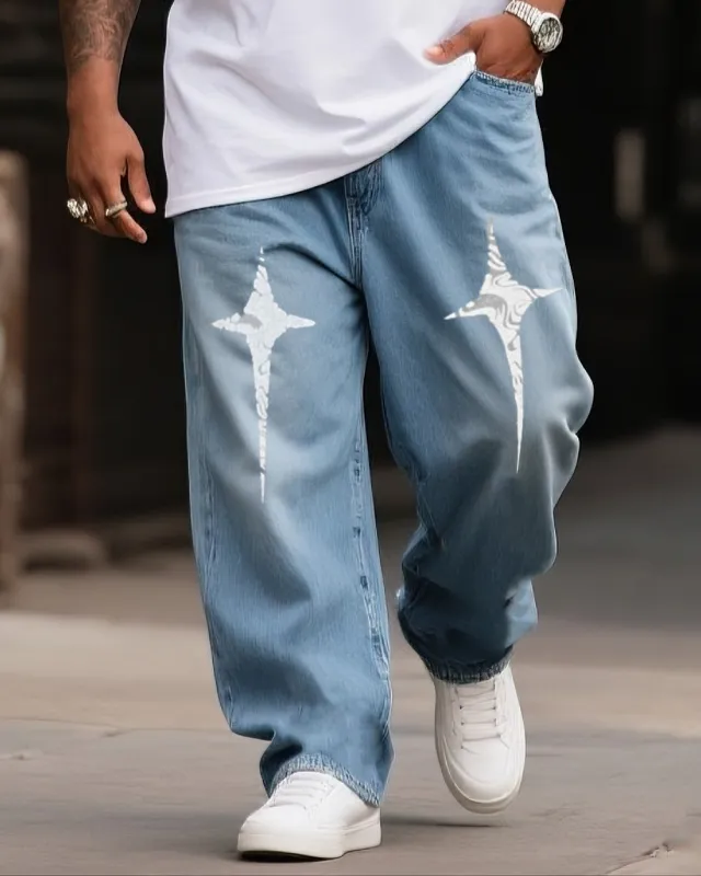 Plus Size Boys 2025 Fashion Street Cross Star Print Jeans sold by Biggmans