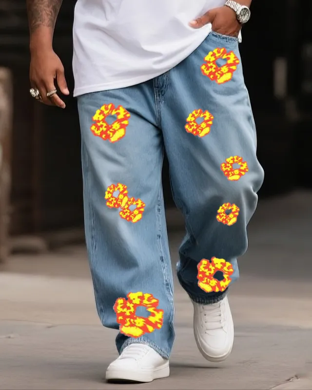 Plus Size Boys 2025 Fashion Street Flame Circle Print Jeans sold by Biggmans