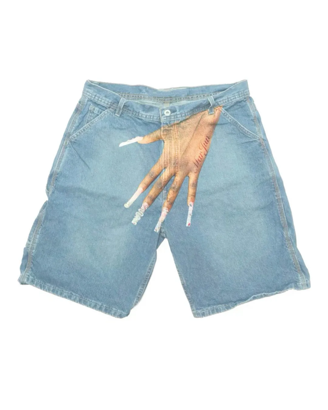Plus Size Men Street Fashion Fantasy Girl Hand Print -2 Denim Shorts sold by Biggmans