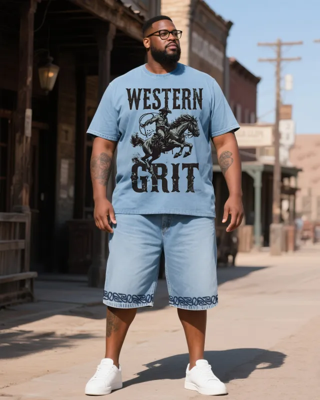 Big & Tall Men's Western Printed Short Sleeve Shorts Denim Suit sold by Biggmans