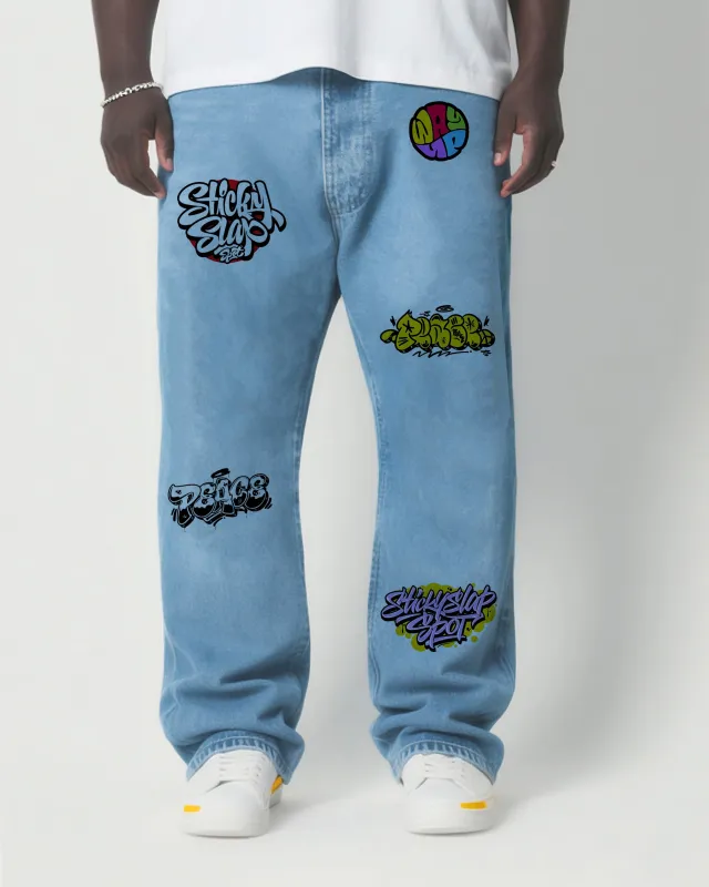 Big & Tall Men's Fashion Street Personality Graffiti Patchwork. Wash Water Denim Trousers sold by Biggmans
