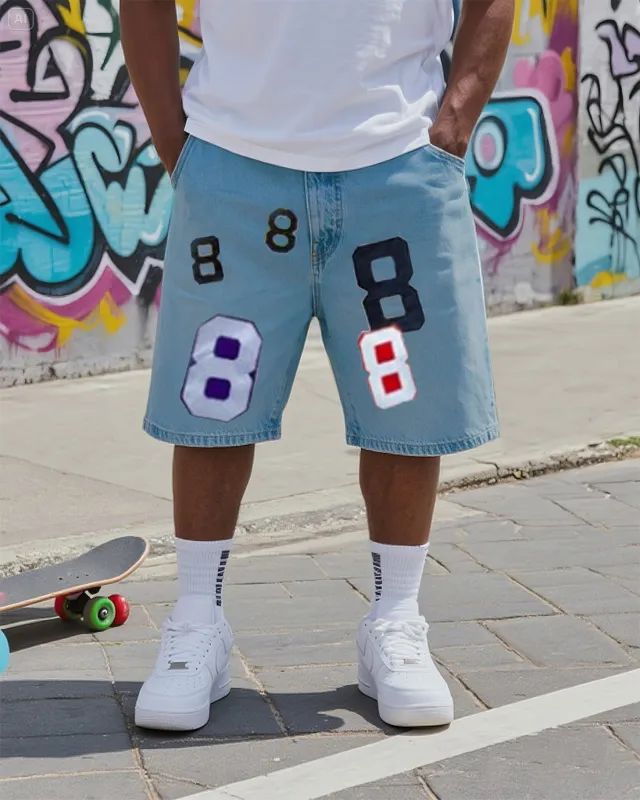 Big & Tall Men's Street Fashion Creative Number 8 Arrangement Denim Shorts sold by Biggmans