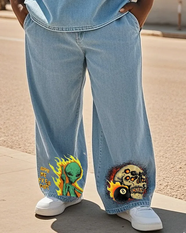 Big & Tall Men's Street Fashion Trend Personality Skull & Alien Hot Stamping Denim Pants sold by Biggmans