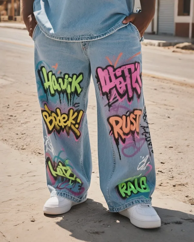 Big & Tall Men's Street Fashion Graffiti Denim Trousers sold by Biggmans