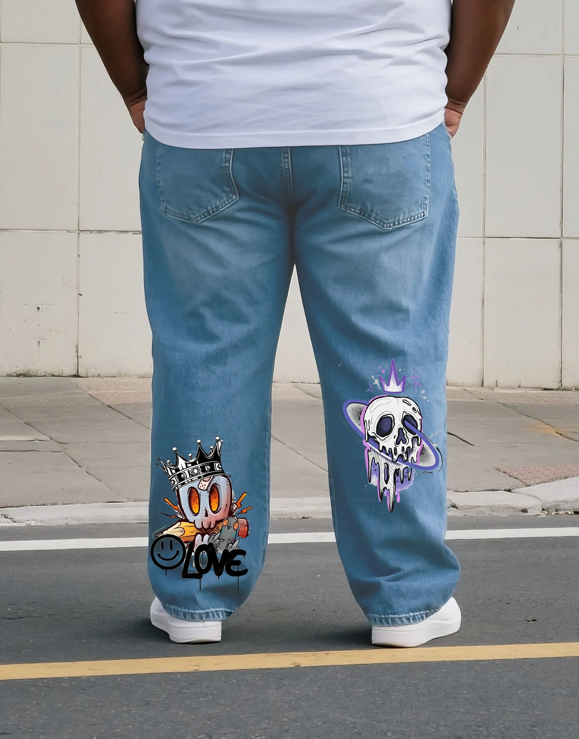 Big & Tall Men's Street Fashion Trend Personality Skull Print Denim Pants. Solid Front sold by Biggmans