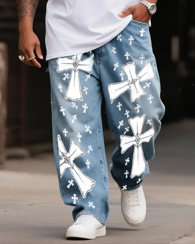 Plus Size Boys 2025 Fashion Street Creative Small Large Cross Print Jeans sold by Biggmans