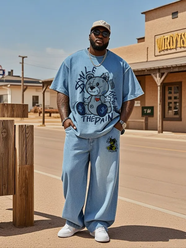 Plus Size Men Street Fashion Bear Denim T-shirt Pants Suit sold by Biggmans