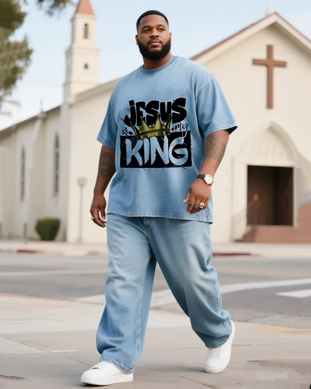 Plus Size Men JESUS KING Printed Denim T-Shirt Pants Suit sold by Biggmans