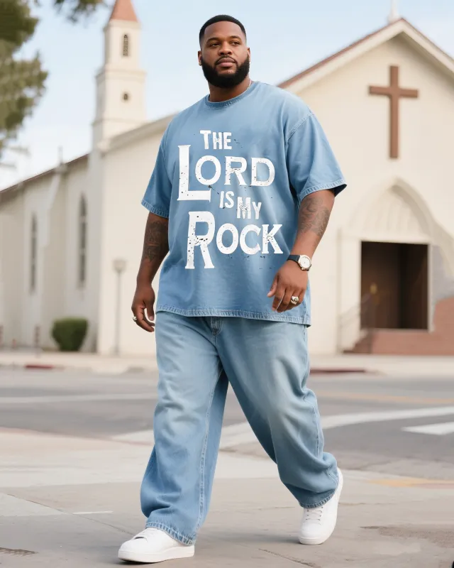 Plus Size Men's Master Is My Rock Print Denim T-shirt Pants Suit sold by Biggmans