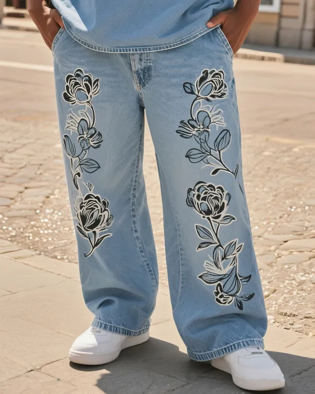 Big & Tall Men's Street Fashion Trend Personalized Black Rose Flower Denim Trousers sold by Biggmans