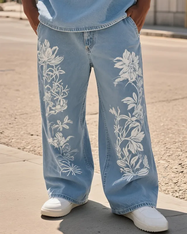 Big & Tall Men's Street Fashion Trend Personalized Floral Denim Trousers sold by Biggmans