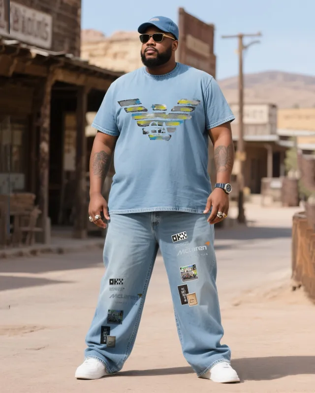 Big & Tall Men's Fashion Printed Denim T-Shirt Pants Suit sold by Biggmans