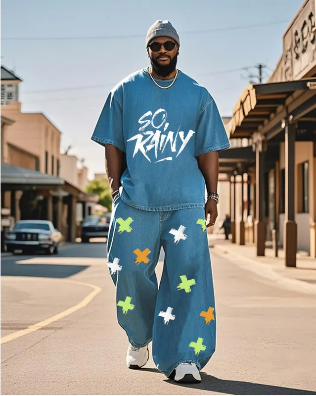 Plus Size Men-water Denim-so Rawy-xx English Print Suit sold by Biggmans