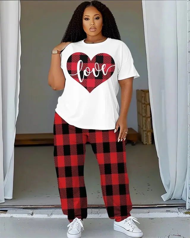 Women's Plus Size Love Check Pattern T-Shirt and Trousers Suit sold by Biggmans