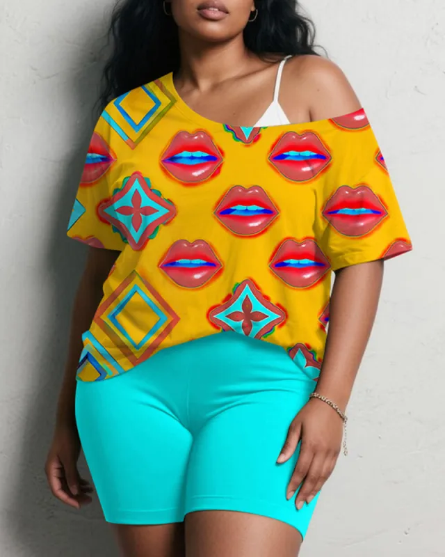 Women's Plus Size Daily Casual Graffiti Lips Geometric Print Short Sleeve Shorts Suit sold by Biggmans