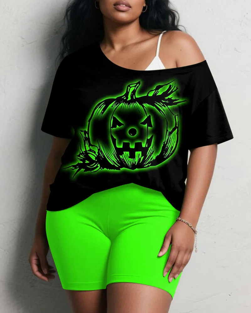 Women's Big & Tall Halloween Green Pumpkin Graffiti Print Short Sleeve Shorts Suit sold by Biggmans