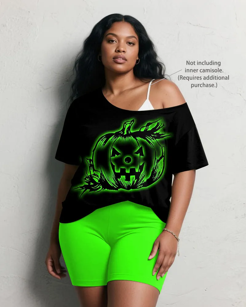 Women's Big & Tall Halloween Green Pumpkin Graffiti Print Short Sleeve Shorts Suit sold by Biggmans product image thumbnail 2