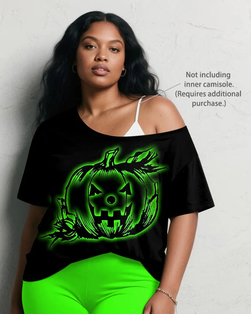 Women's Big & Tall Halloween Green Pumpkin Graffiti Print Short Sleeve Shorts Suit sold by Biggmans product image thumbnail 3