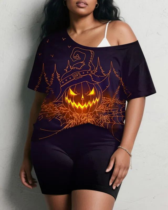 Women's Big & Tall Halloween Purple Pumpkin Graffiti Print Short Sleeve Shorts Suit sold by Biggmans
