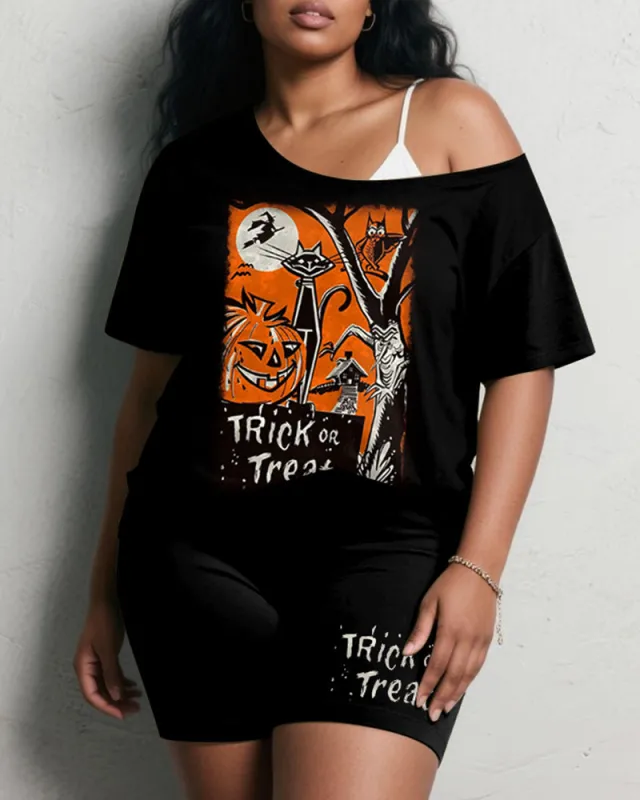 Women's Big & Tall Halloween Trick Or Treat Graffiti Print Short Sleeve Shorts Suit sold by Biggmans