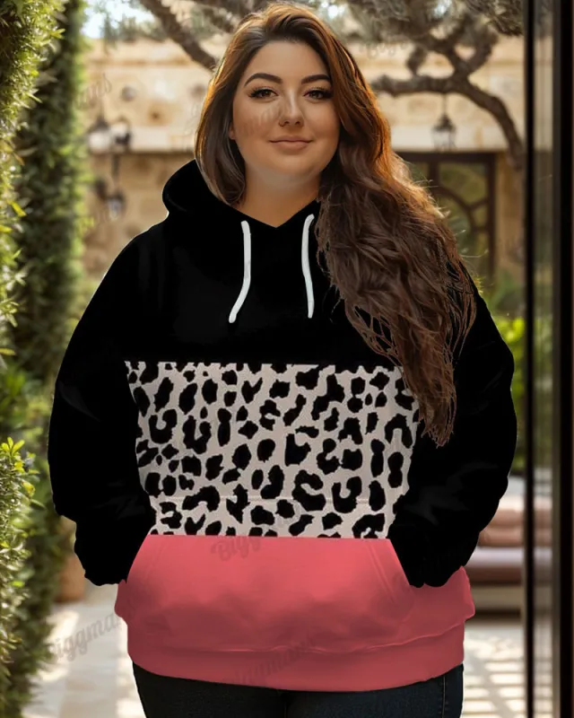 Women's Plus Casual Colorblock Leopard Print Long-sleeved Hoodie sold by Biggmans