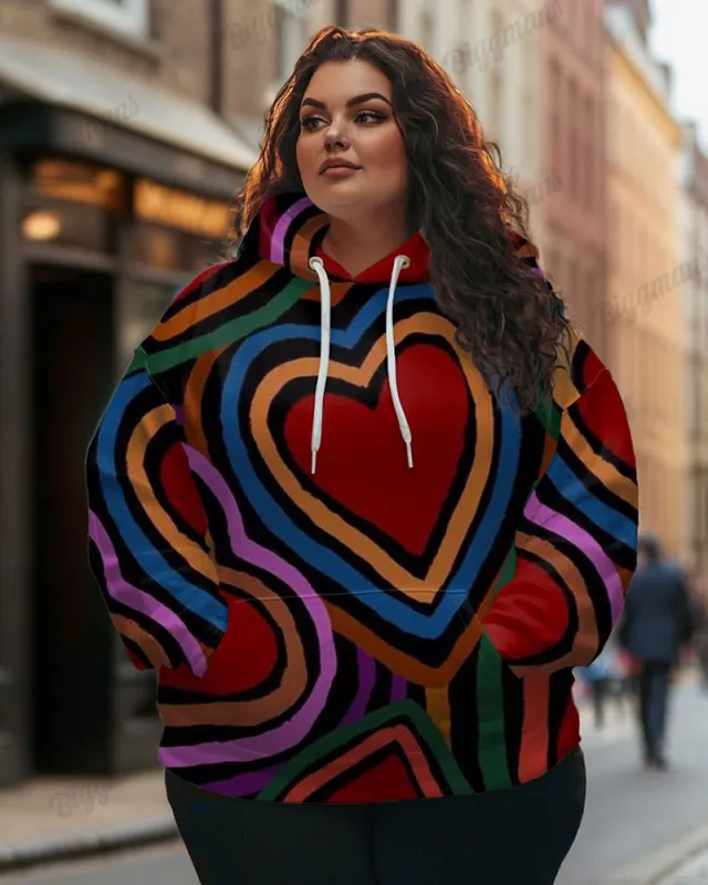 Women's Plus Casual Colorblock Heart Print Long-sleeved Hoodie sold by Biggmans