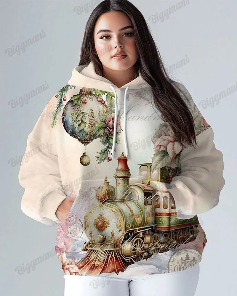 Women's Plus Vintage Christmas Train Print Long-sleeved Hoodie sold by Biggmans