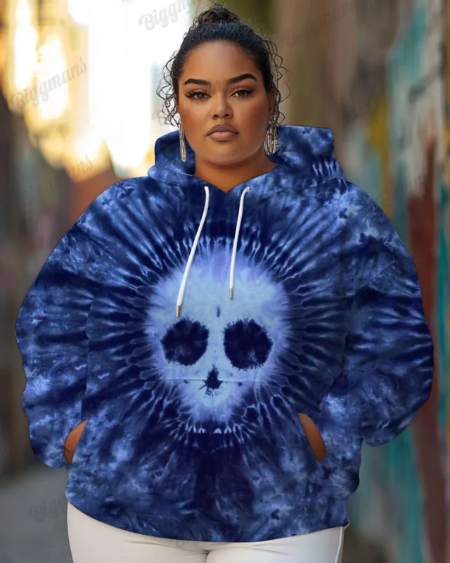 Women's Plus Skull Pattern Tie Dye Print Long-sleeved Hoodie made by Biggmans