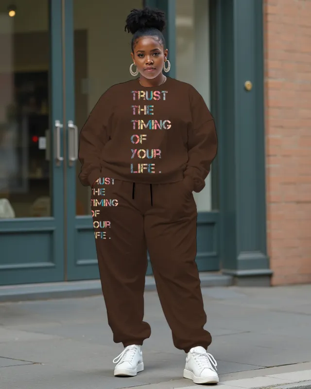 Women's Plus Size Letter Printing Long Sleeve Sweatshirt and  Casual Pants Set made by Biggmans
