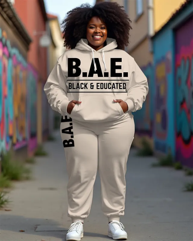 Women's Plus Size B.A.E Letter Print Long Sleeve Hoodie And Casual Pants Set sold by Biggmans
